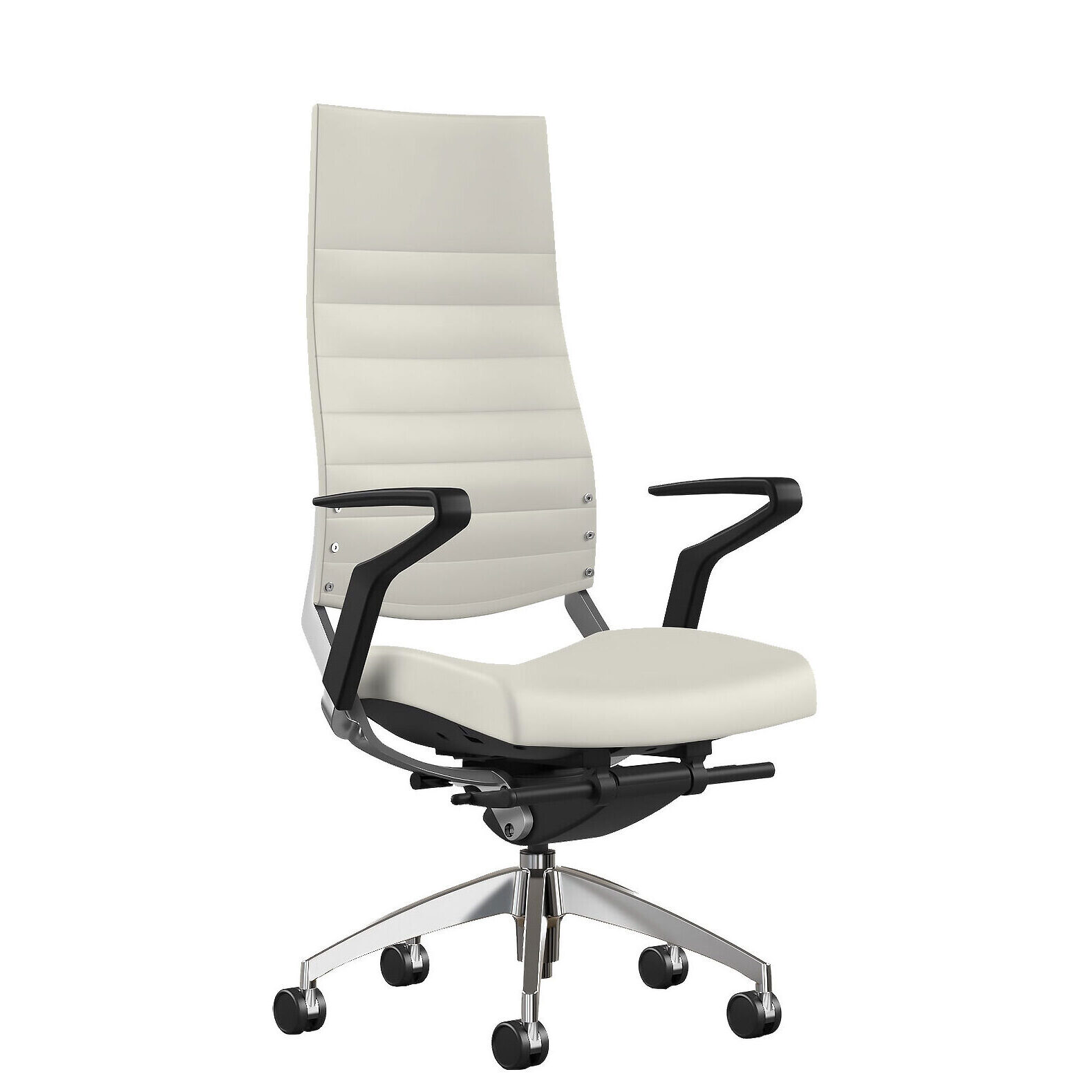 A modern and ergonomic executive chair with adjustable lumbar support and a polished aluminum base.