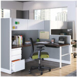 Hon Accelerate cubicle workstation with adjustable desk, ergonomic chair, overhead storage, and bookcases. Modern office furniture for focused productivity.
