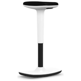 A black and white motion stool with a curved rocker-shaped base