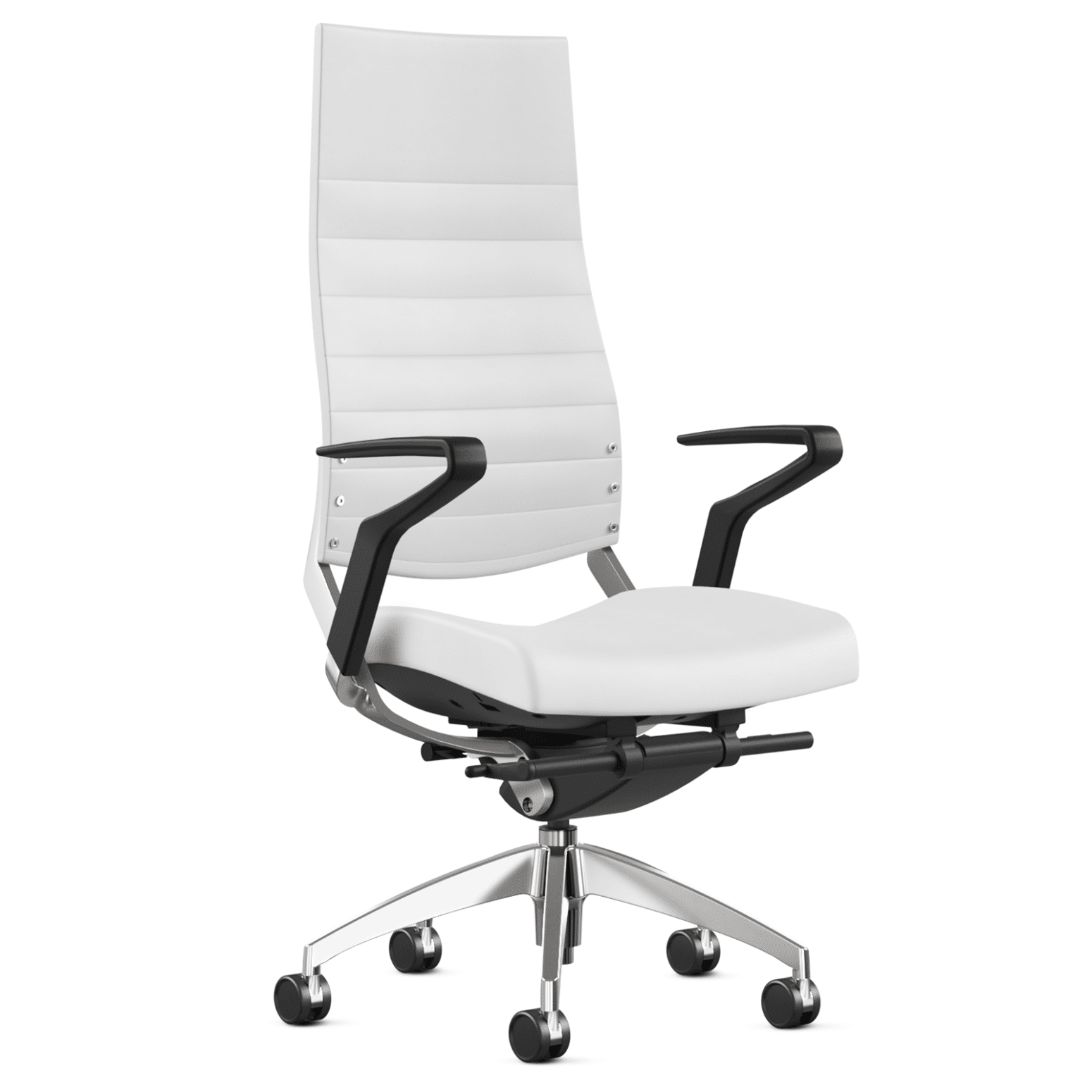 A modern and ergonomic executive chair with adjustable lumbar support and a polished aluminum base.