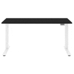 A Humanscale Float sit-to-stand table with a black frame and a white top. The table is adjustable in height, so you can switch from sitting to standing throughout the day.