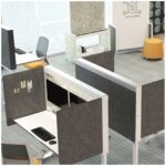 Amobi Desk and Team products are designed for seamless integration, available in 10-color Verve felt colorways, whiteboard and Platinum or White frames and bases.